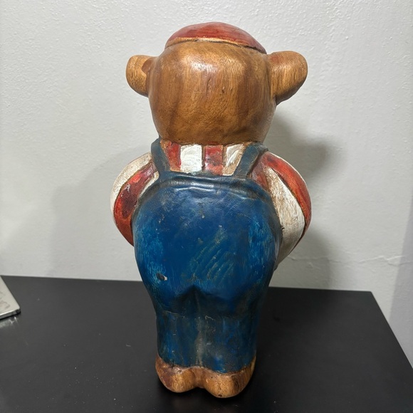 Hand Carved Wooden Bear Sculpture Door Stop Folk Art Patriotic Cabin Decor Vtg - Picture 10 of 16